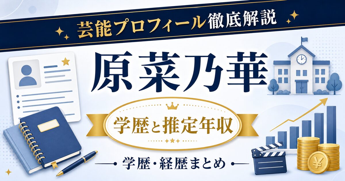 原菜乃華さんの学歴と推定年収を示す芸能プロフィール風アイキャッチ。本人写真を使わず、プロフィールカード、校舎、年収グラフ、コインを配置した画像。